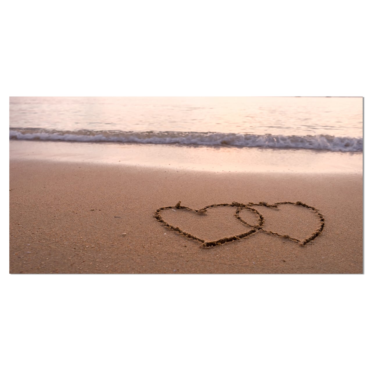 Designart - Two Hearts Drawn on the Beach - Extra Large Seascape Art Canvas